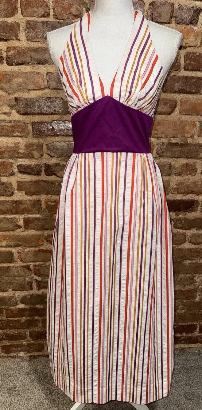 Vintage 1970s JC Penney Sz S striped Seersucker maxi dress Mod halter summer EUC